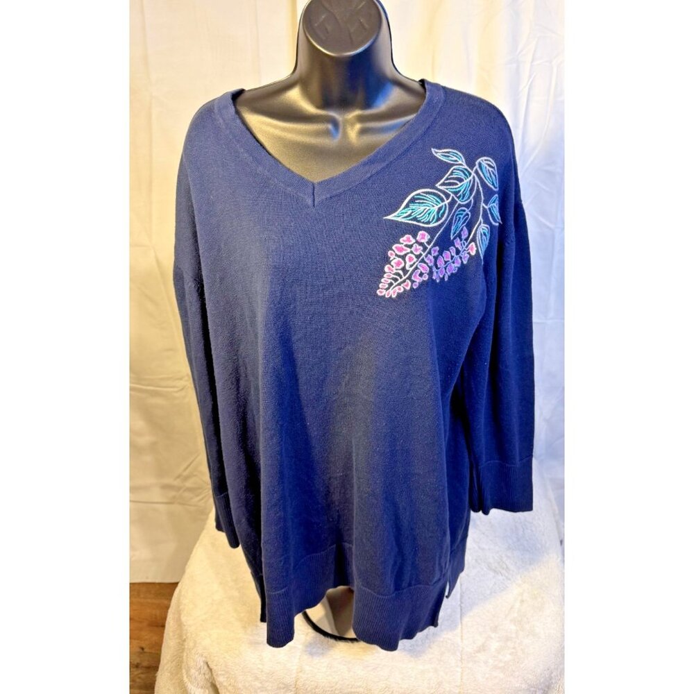 Tunic Length Sweater V-neck Navy Floral Granny Coastal Women’s Plus 18/20 Knit